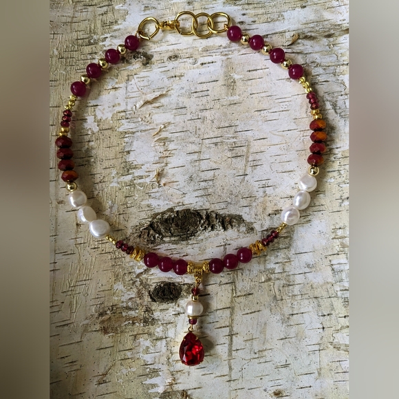 Red Rose Jade & Czech Picasso Beads And Pearl W/ Swarovski Pendant Necklace - Picture 10 of 10